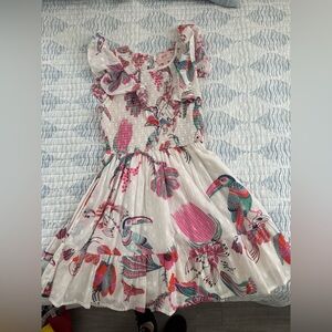 Banjanan White Dress with Pink & Teal Toucan Floral Print